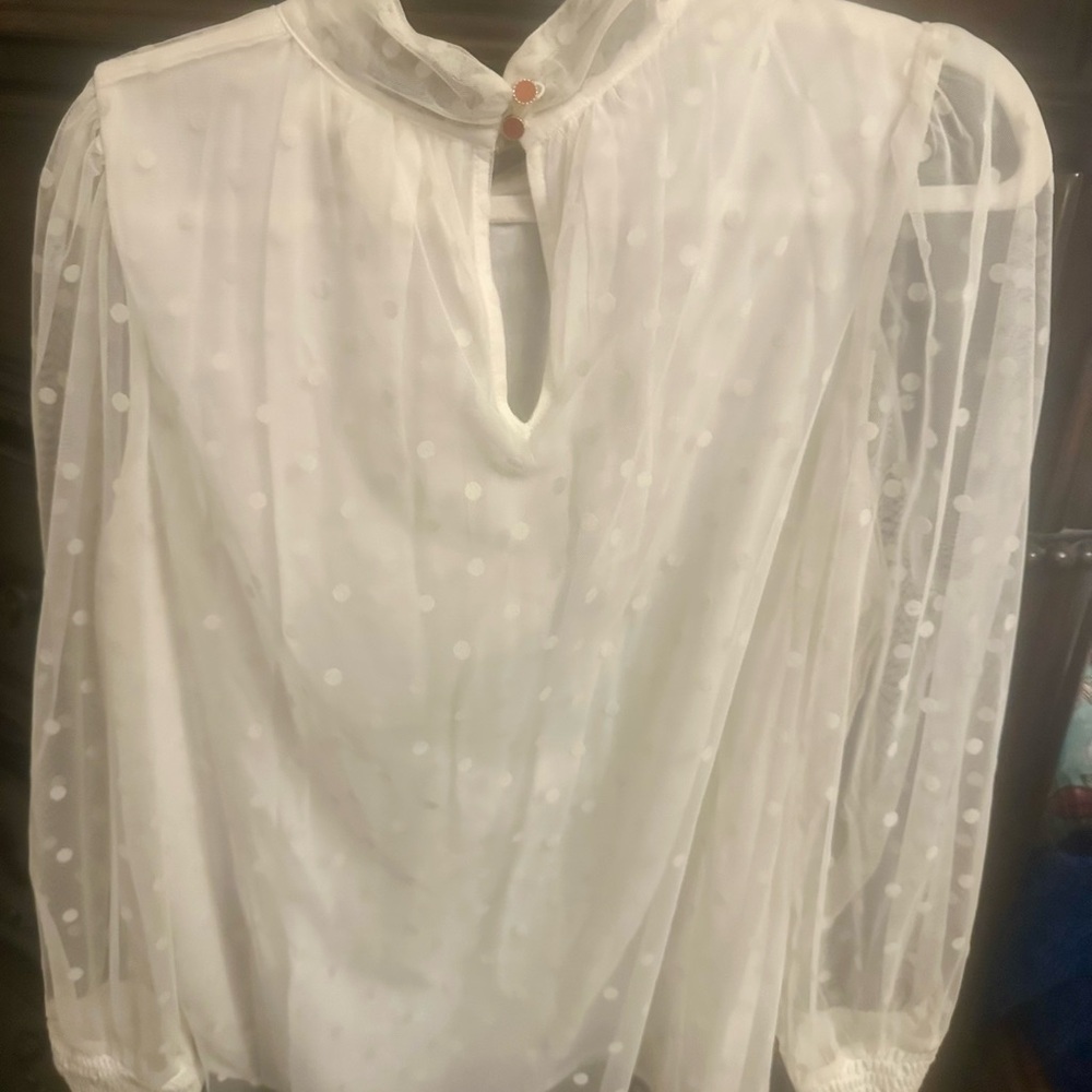 Anthropologie White Polka Dot Sheer Blouse - Picture 2 of 16